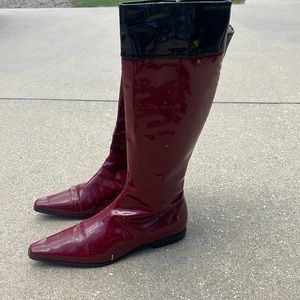 Burberry Red and Black Patent Leather Flat Heel Boots
